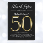 Invitación Classy Black and Gold 50th Birthday Thank You Card<br><div class="desc">Tarjeta de agradecimiento de 50 cumpleaños, negro y oro. Sencilla pero elegante carta de agradecimiento de cumpleaños con el hito del año de nacimiento en un sólido efecto de texto dorado! Se trata de una plantilla editable que podría utilizarse tanto para hombres como para mujeres. Contáctame si tienes alguna pregunta,...</div>