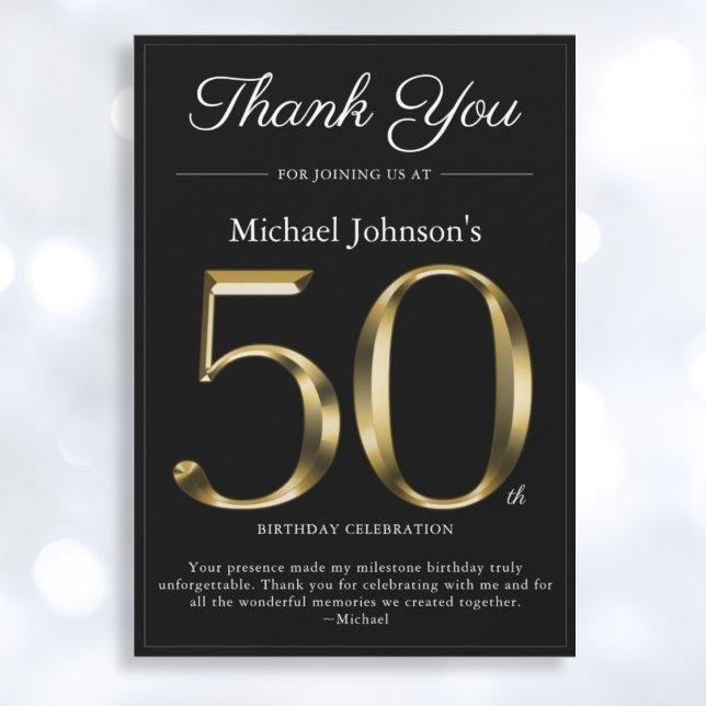Invitación Classy Black and Gold 50th Birthday Thank You Card (Mockup View)