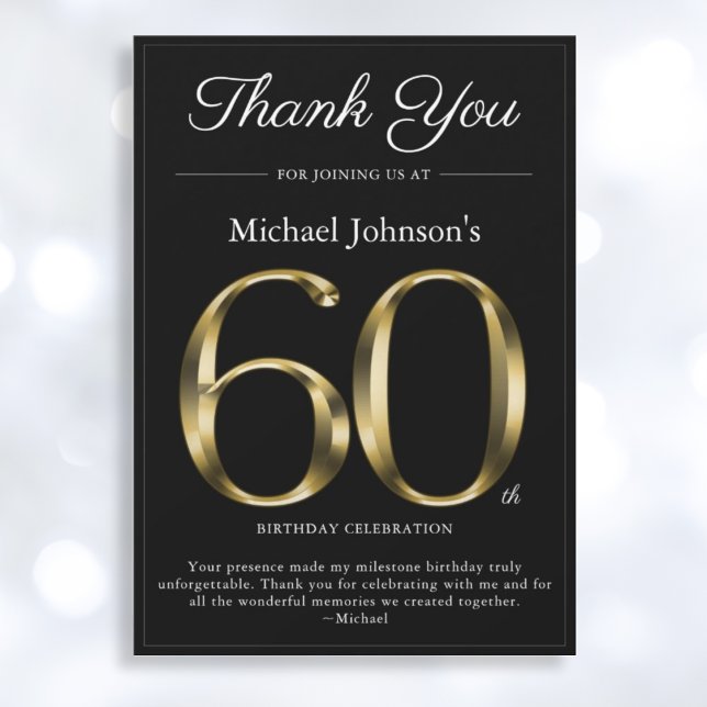 Invitación Classy Black and Gold 60th Birthday Thank You Card (Mockup View)