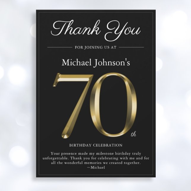 Invitación Classy Black and Gold 70th Birthday Gracias Card (Mockup View)