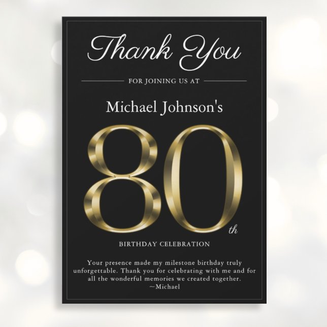 Invitación Classy Black and Gold 80th Birthday Thank You Card (Mockup View)