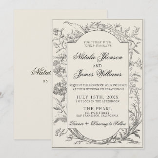 Invitación Classy Black Cream Floral Boho Botanical Wedding