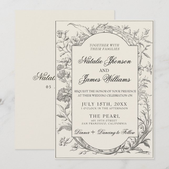 Invitación Classy Black Cream Floral Boho Botanical Wedding (Anverso / Reverso)