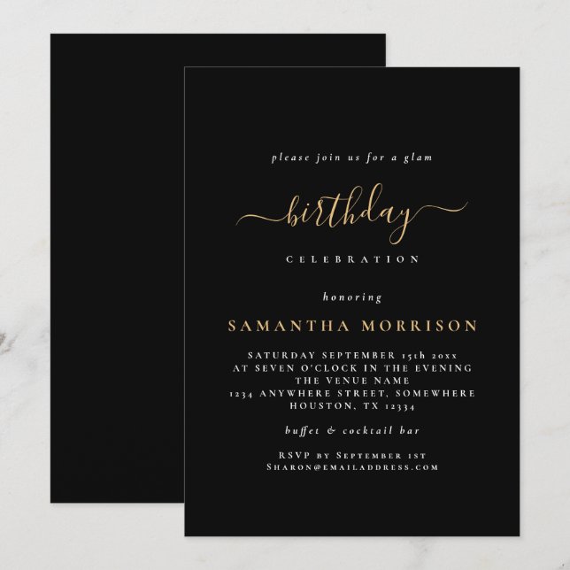 Invitación Classy Black Gold Cualquier cumpleaños de edad (Anverso / Reverso)