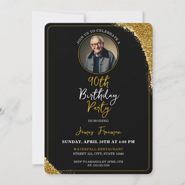 Invitación Classy Black & Gold Photo 90th Birthday (Anverso)