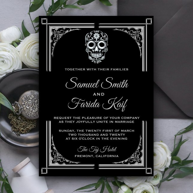 Invitación Classy Black Silver Sugar Skull Wedding Invitation (Subido por el creador)