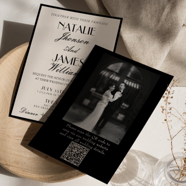 Invitación Classy Black White Old Money Photo QR Code Wedding (Subido por el creador)