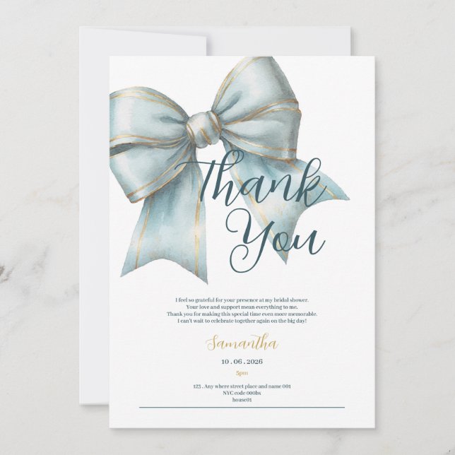Invitación classy blue bow bridal shower thank you card (Anverso)