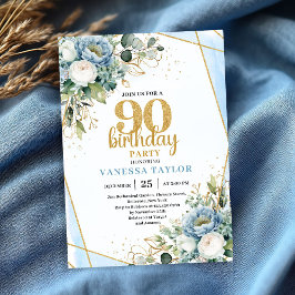 Invitación Classy Blue Gold Frame 90th Birthday Party Invite