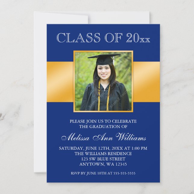 Invitación Classy Blue Gold Photo Graduation (Anverso)