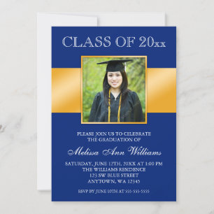 Invitación Classy Blue Gold Photo Graduation