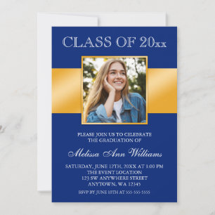Invitación Classy Blue Gold Photo Graduation