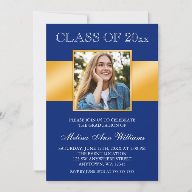Invitación Classy Blue Gold Photo Graduation (Anverso)