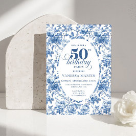 Invitación Classy Blue Toile de Jouy Floral 50th Birthday 