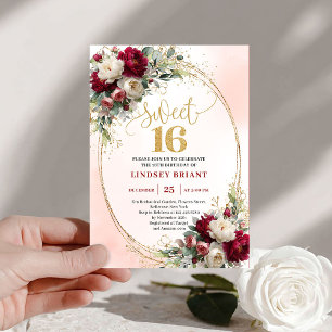 Invitación Classy Boho Merlot Gold Floral Dulces Dieciséis