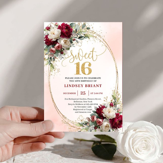 Invitación Classy Boho Merlot Gold Floral Dulces Dieciséis  (Classy Boho Merlot Gold Floral Sweet Sixteen Invite)