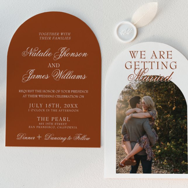 Invitación Classy Burnt Orange Boho Terracotta Arched Wedding (Subido por el creador)