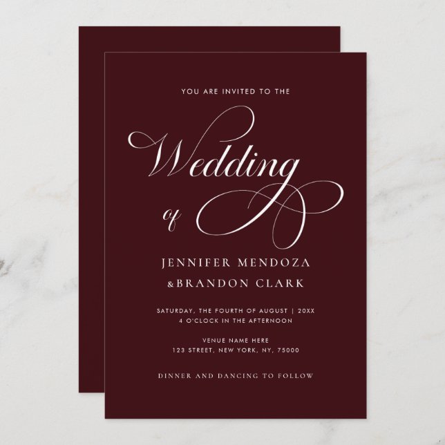 Invitación Classy Calligraphy Burgundy All in One Wedding (Anverso / Reverso)