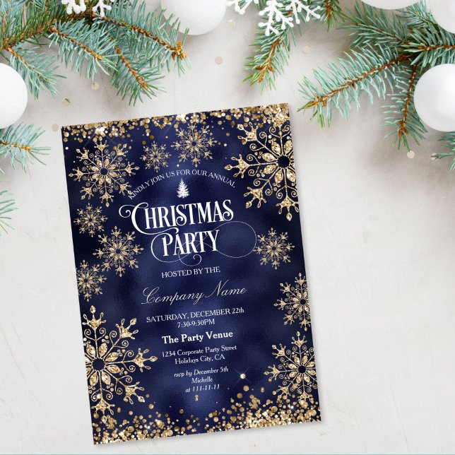 Invitación Classy Chic Gold Glitter Corporate Christmas Party (gold glitter christmas tree on the navy blue background christmas party invitation)