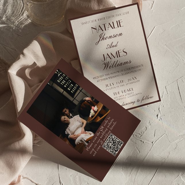 Invitación Classy Chocolate Brown Fancy Photo QR Code Wedding (Subido por el creador)