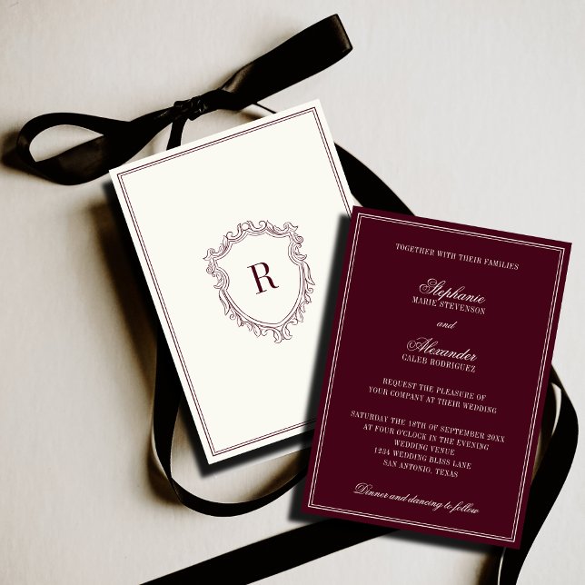 Invitación Classy Deep Burgundy Ivory Crest Old Money Wedding (Subido por el creador)