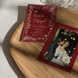 Invitación Classy Deep Red Blue Floral Modern Photo Wedding 