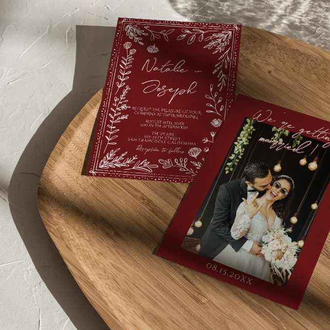 Invitación Classy Deep Red Blue Floral Modern Photo Wedding  (Subido por el creador)