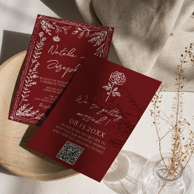 Invitación Classy Deep Red Blue Floral Modern QR Code Wedding (Subido por el creador)