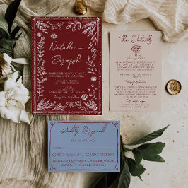 Invitación Classy Deep Red Blue Floral Modern Wedding