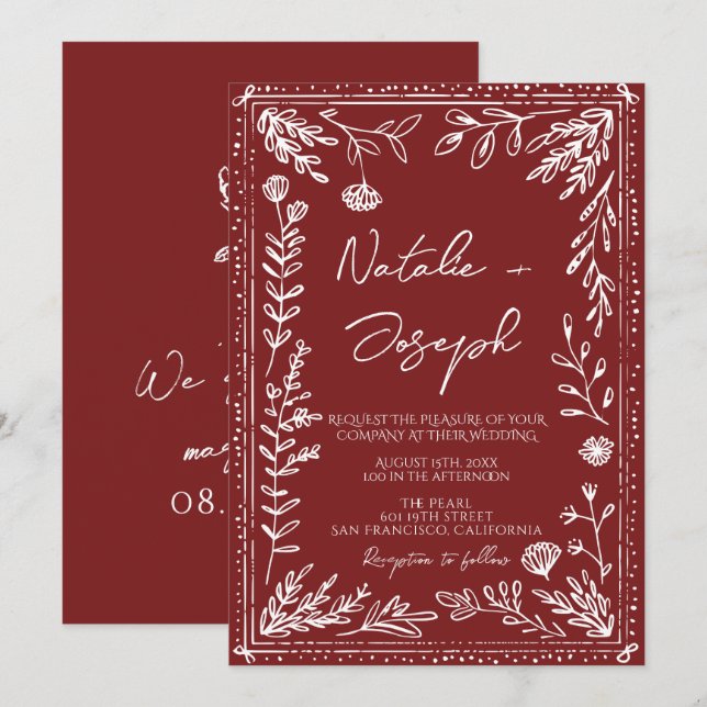Invitación Classy Deep Red Blue Floral Modern Wedding (Anverso / Reverso)