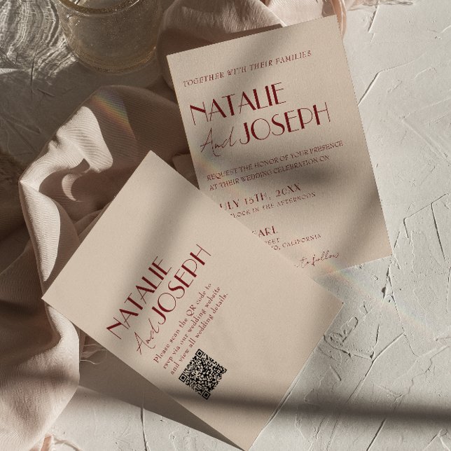 Invitación Classy Deep Red Blue QR Code Modern Wedding (Subido por el creador)