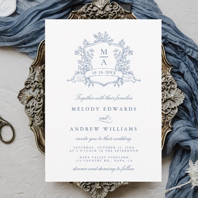 Invitación Classy Dusty Blue Floral Crest Wedding (Subido por el creador)