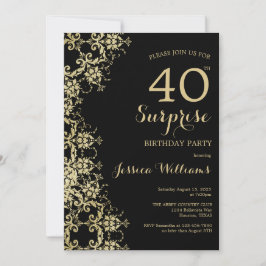Invitación Classy Gold & Black Damask 40th Birthday Surprise