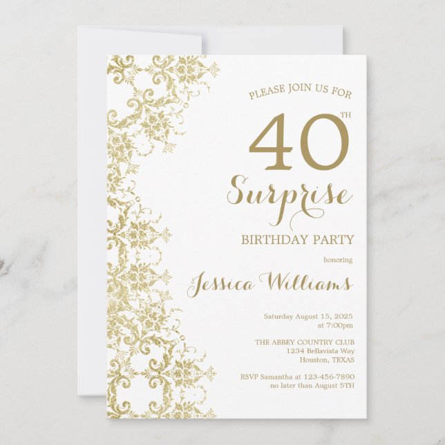 Invitación Classy Gold Damask 40 Birthday Surprise (Anverso)