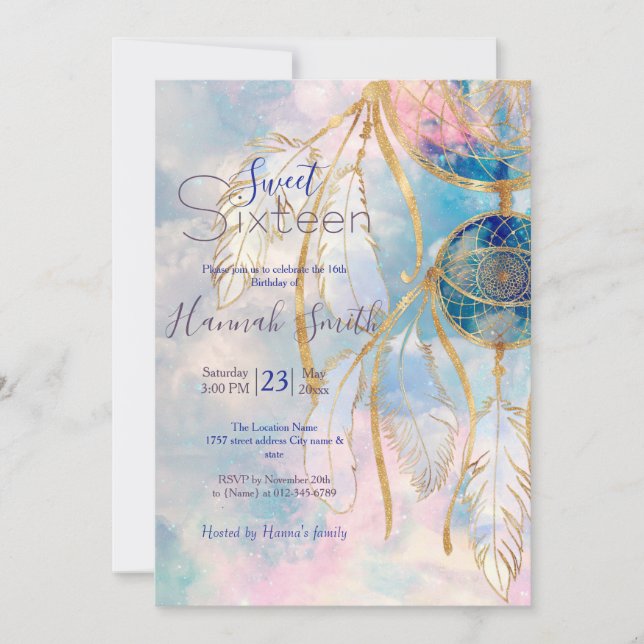 Invitación Classy Gold dreamcatcher Rainbow Clouds Sky design (Anverso)