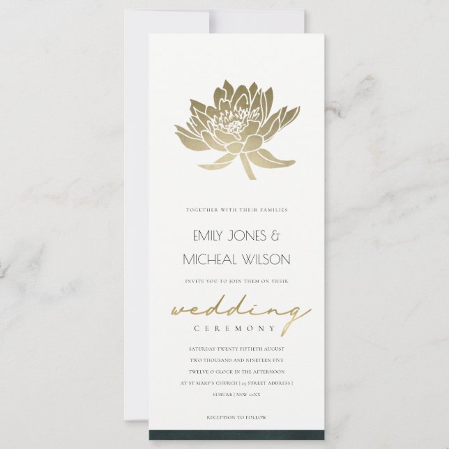 INVITACIÓN CLASSY GOLD EMERALD GREEN LOTUS FLORAL BODA (Anverso)
