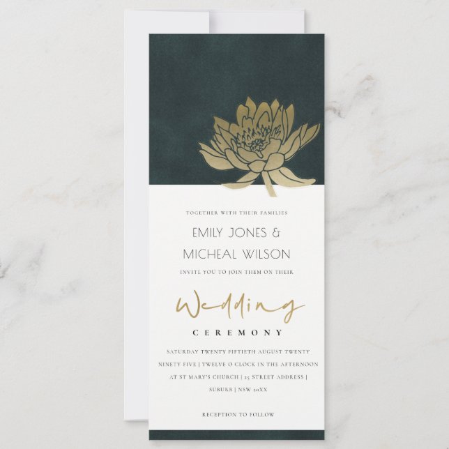 INVITACIÓN CLASSY GOLD EMERALD GREEN LOTUS FLORAL BODA (Anverso)