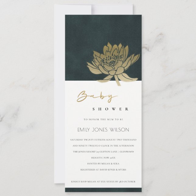 INVITACIÓN CLASSY GOLD EMERALD VERDE LOTUS FLORAL BABY SHOWER (Anverso)