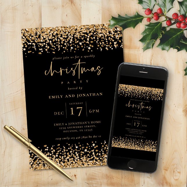 Invitación Classy Gold Faux Purpurinas Navidades Fiesta Negro (Subido por el creador)