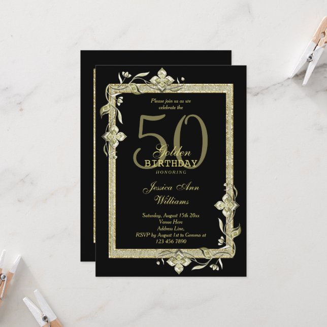 Invitación Classy Gold Gem & Glitter 50th Golden Birthday  (Anverso/Reverso In Situ)