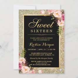Invitación Classy Gold Purpurina Floral Sweet 16 Cumpleaños P