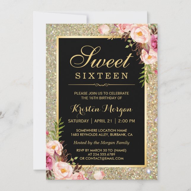 Invitación Classy Gold Purpurina Floral Sweet 16 Cumpleaños P (Anverso)