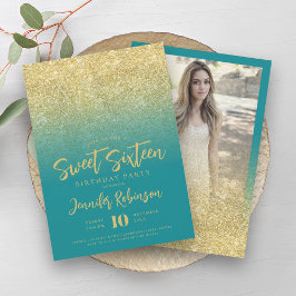 Invitación Classy Gold Turquesa Brillo Foto Dulces 16  
