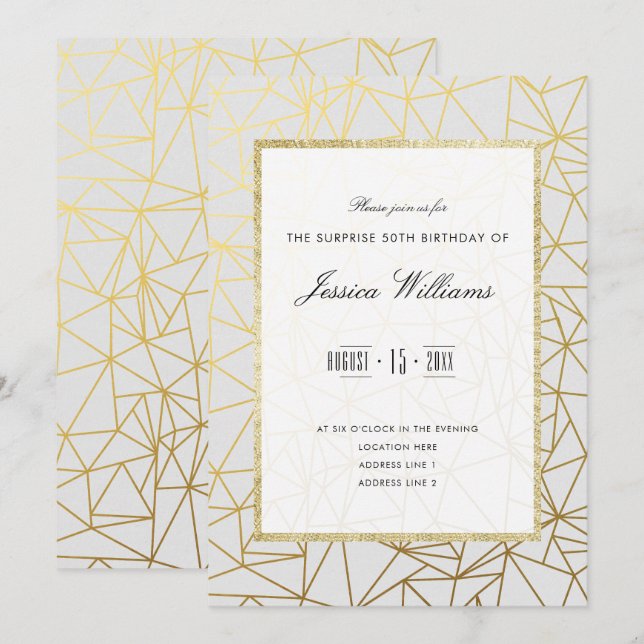 Invitación Classy Gold & White Surprise Fiesta de 50 cumpleañ (Anverso / Reverso)
