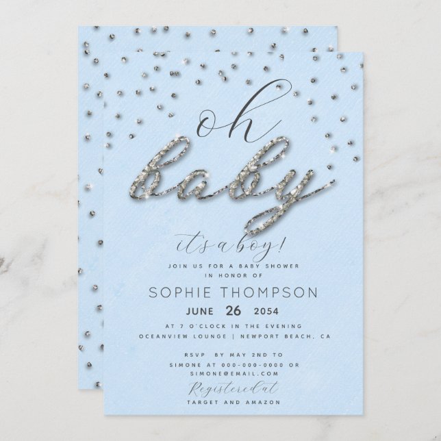 Invitación Classy Jewel Blue Sparkle Purpurina Boy Baby Showe (Anverso / Reverso)