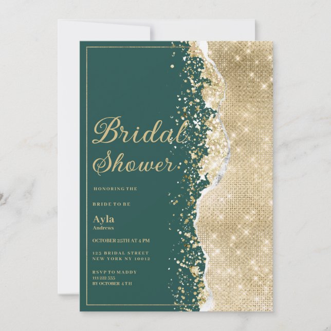 Invitación Classy luxury green gold glitter Bridal Shower (Anverso)