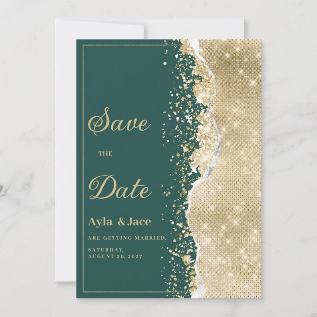 Invitación Classy luxury green gold glitter Save the Date  (Anverso)