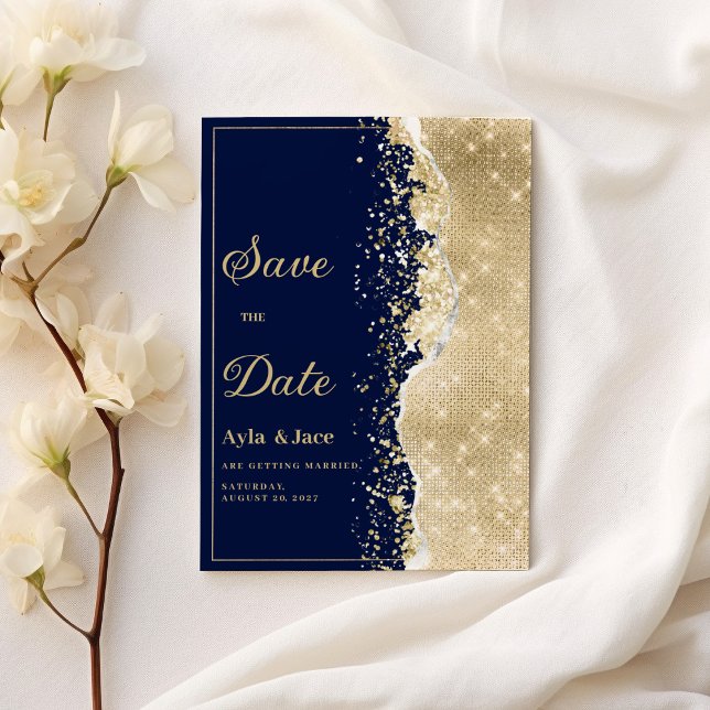 Invitación Classy luxury navy blue gold glitter Save the Date (Classy luxury navy blue gold glitter Save the Date)