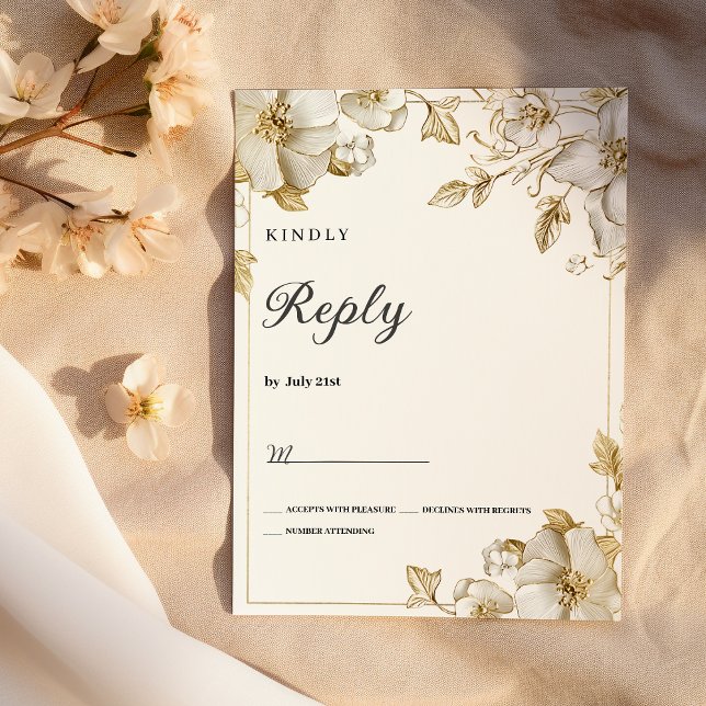 Invitación Classy luxury white and gold floral RSVP (Classy luxury white and gold floral RSVP)