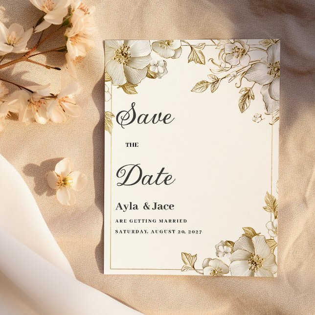 Invitación Classy luxury white and gold floral Save the Date (Classy luxury white and gold floral Save the Date)